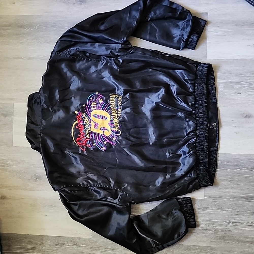 Vintage Men Riviera Hotel & Casino 50th Anniversary Satin Bomber Jacket Blk Sz L